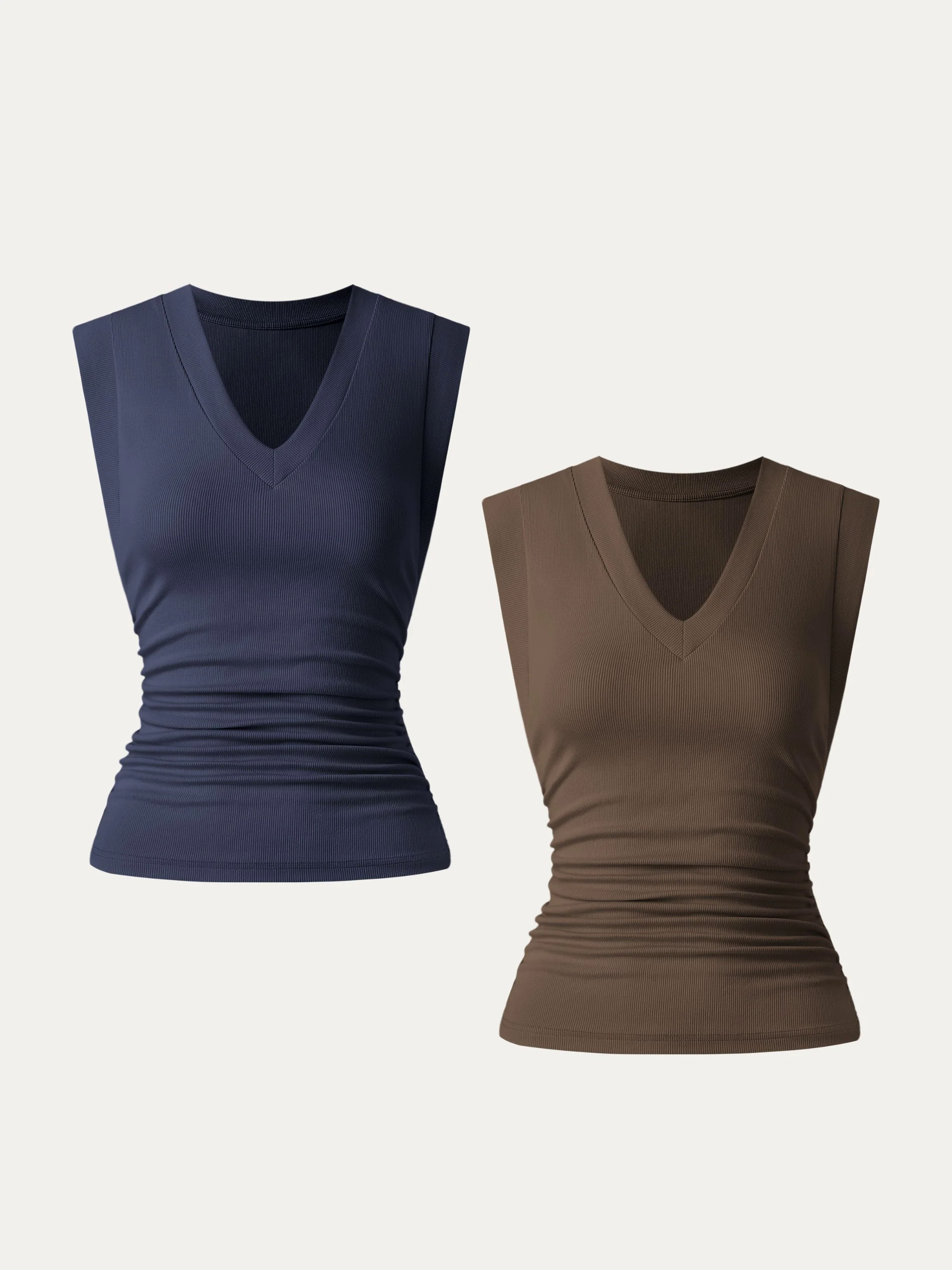 2Pcs Set Stretch Cotton V-neck Side Ruched Muscle Tee