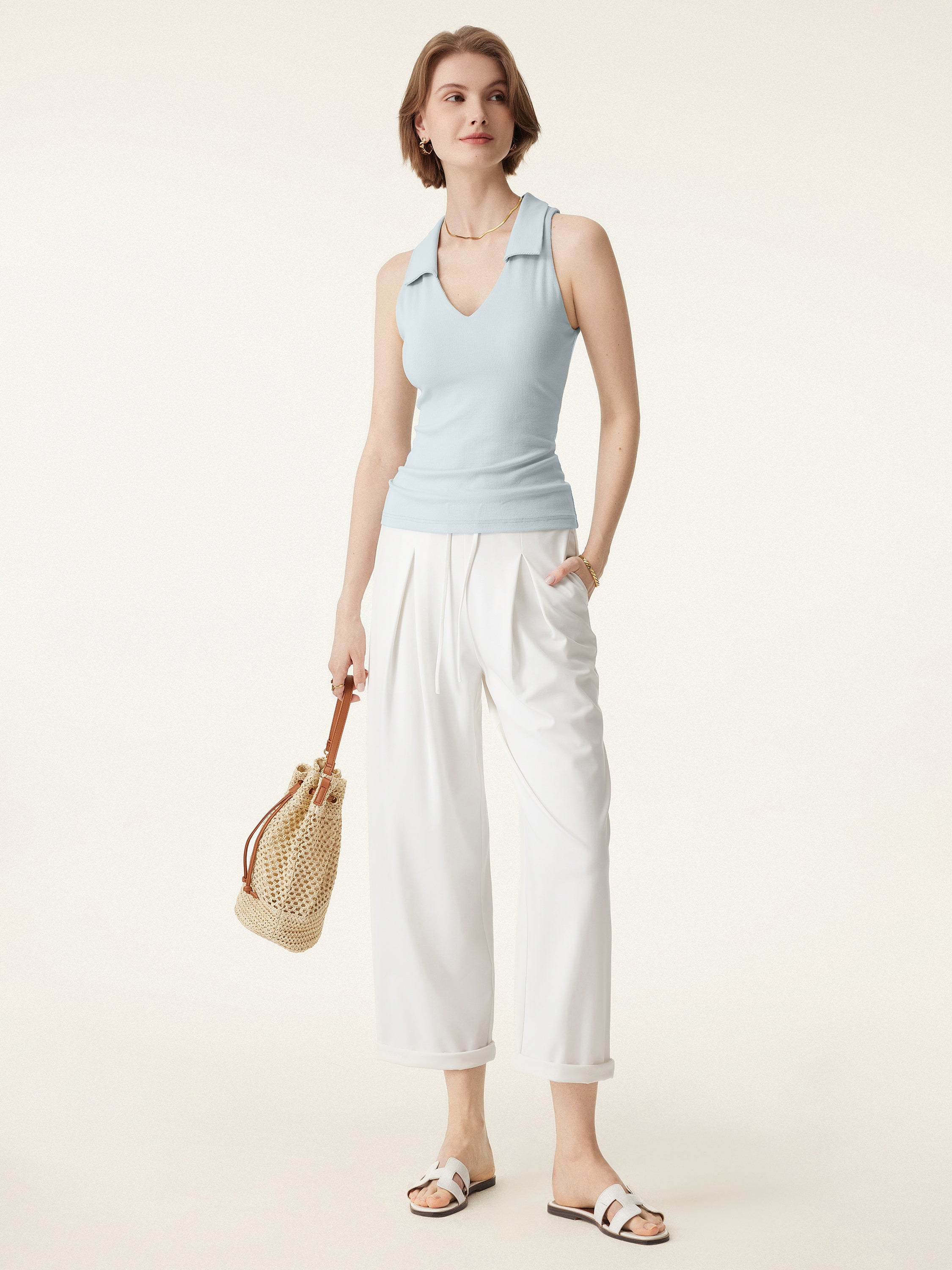 Stretch Cotton V-neck Collared Brami Top