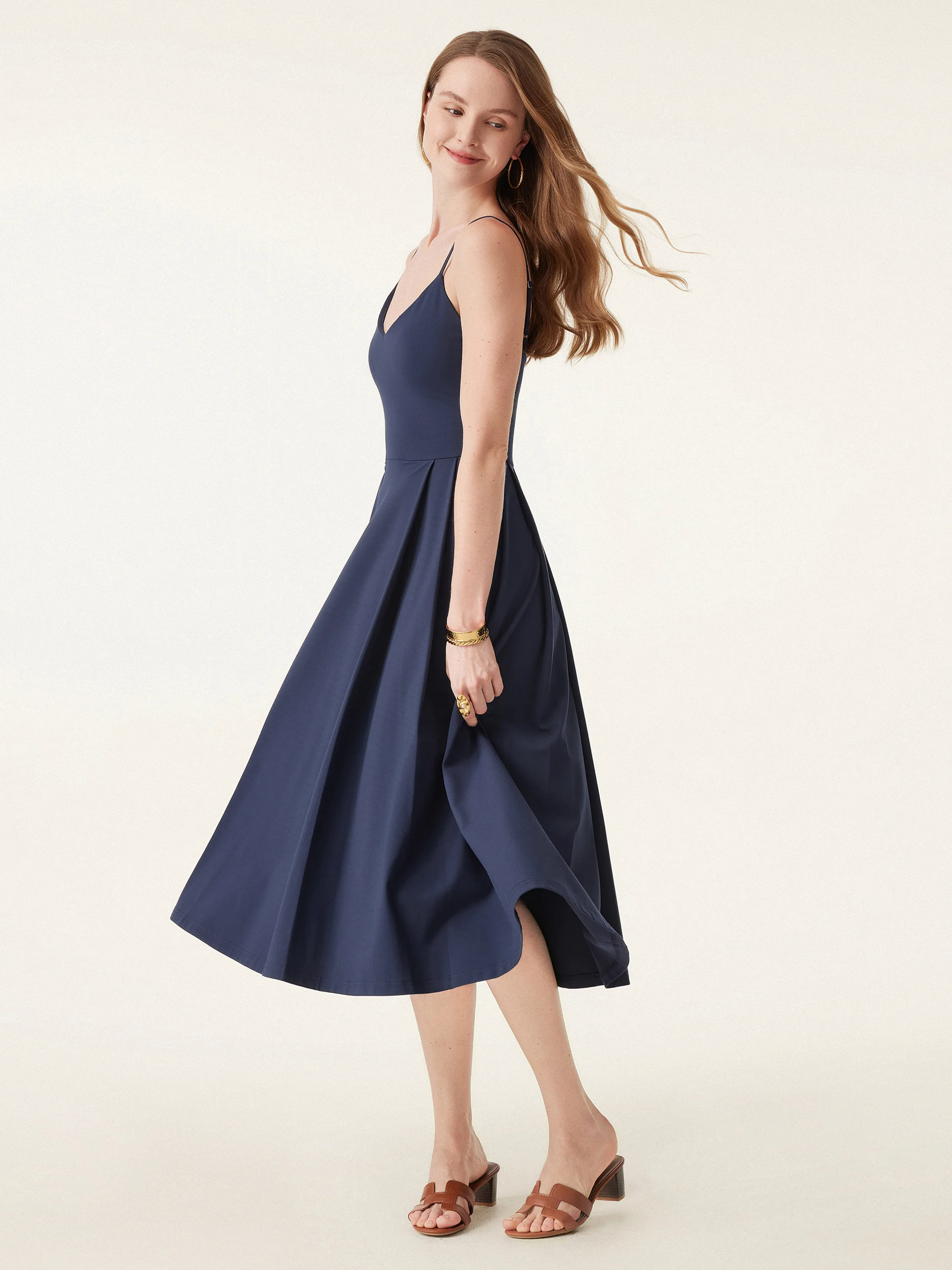 Bamboo Ponte V-neck Fit-and-flare Midi Brami Sundress with Pockets