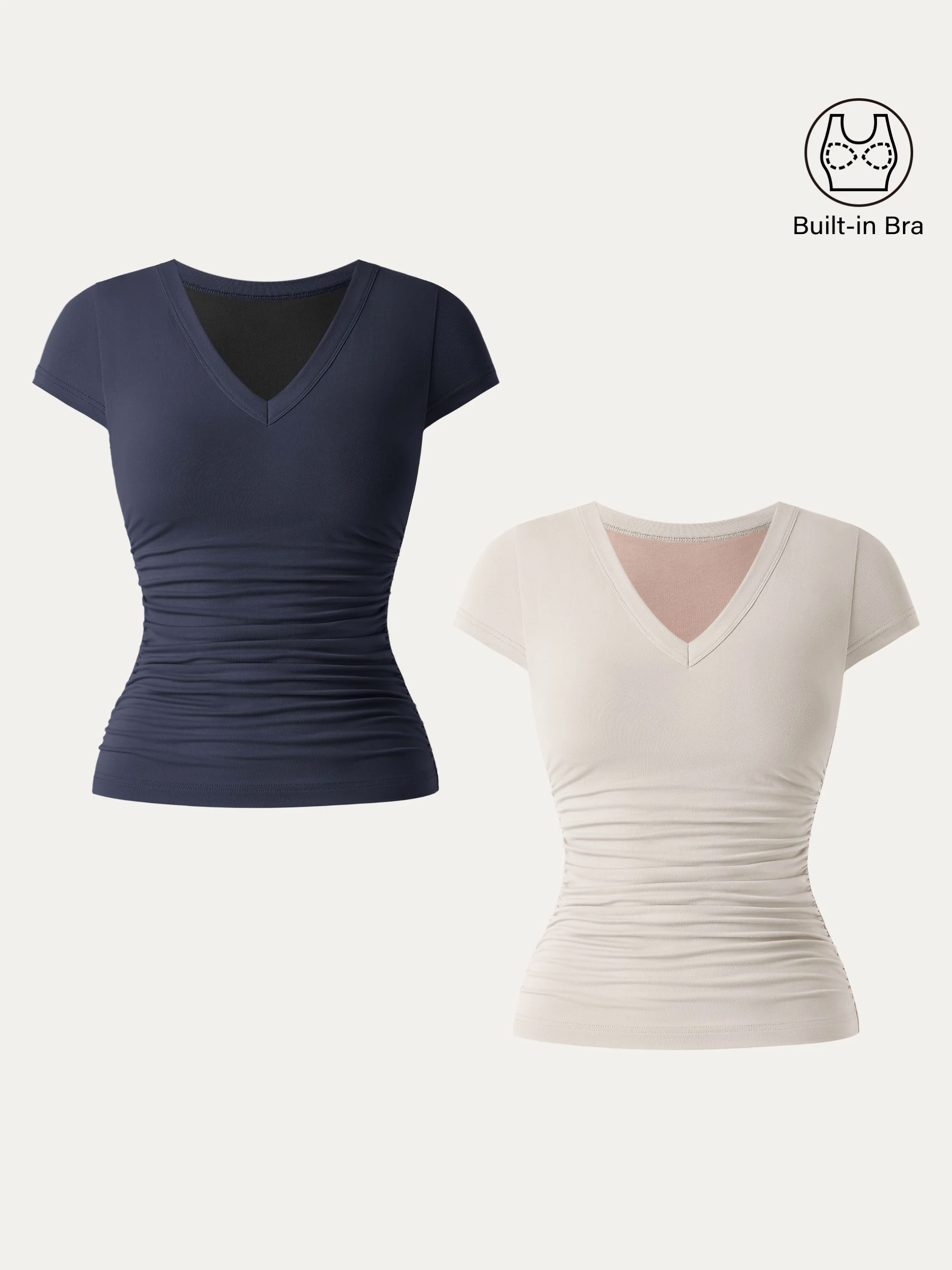 2Pcs Set Elevated V-neck Side Ruched Cap Sleeve Brami Tee