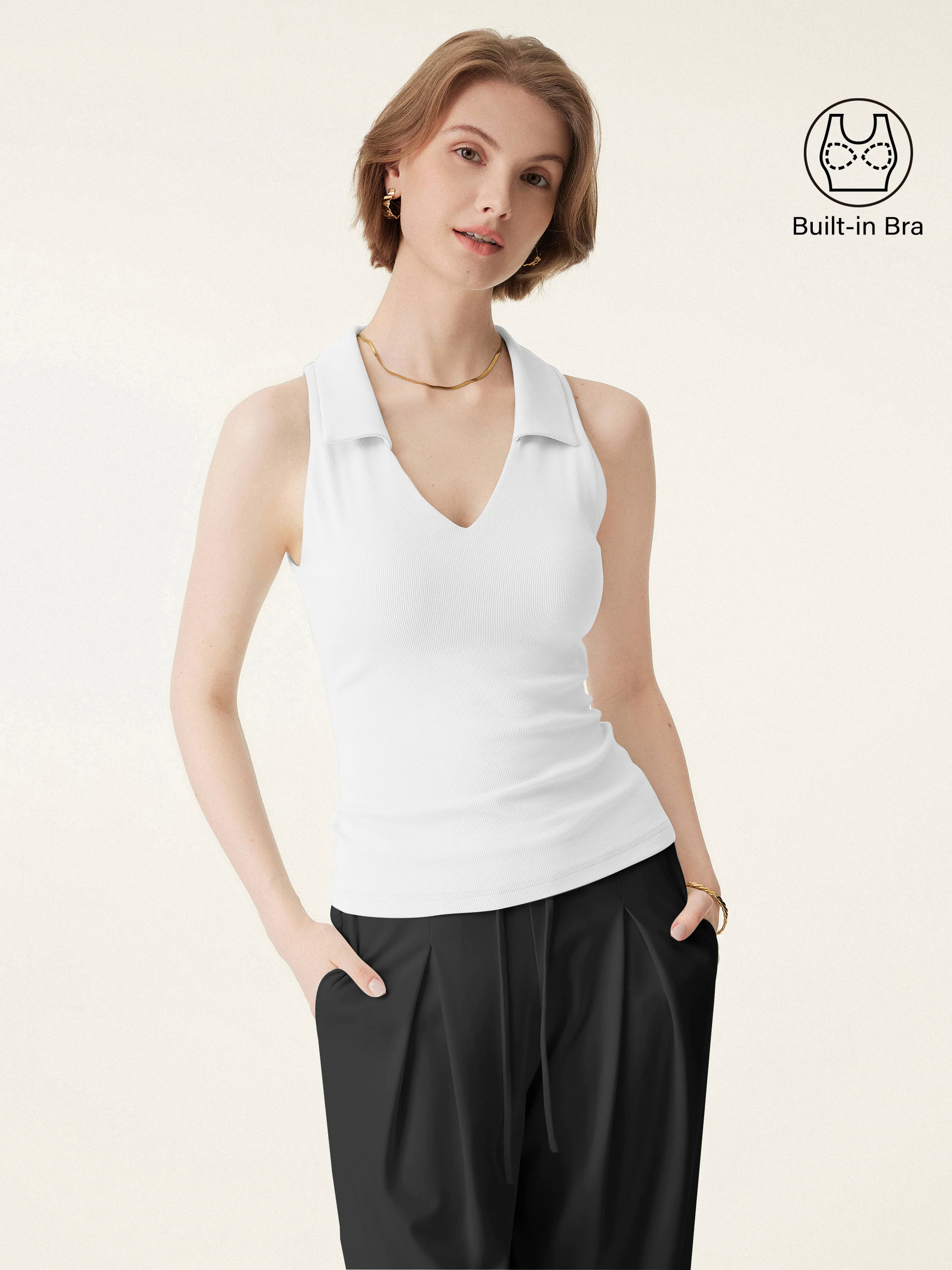 Stretch Cotton V-neck Collared Brami Top