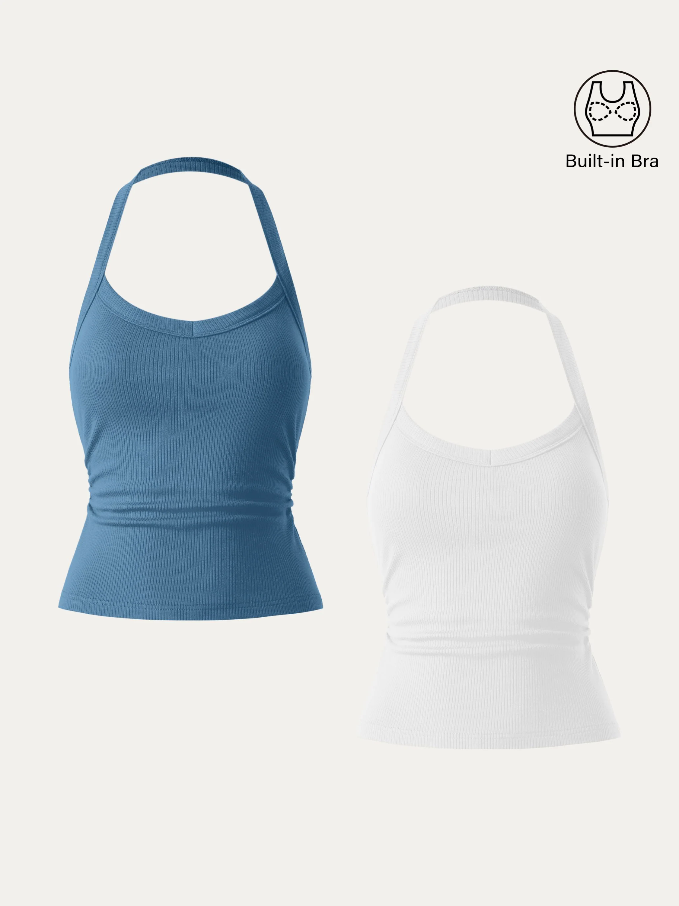 2Pcs Set Halter Neck Side Ruched Ribbed Brami Tank