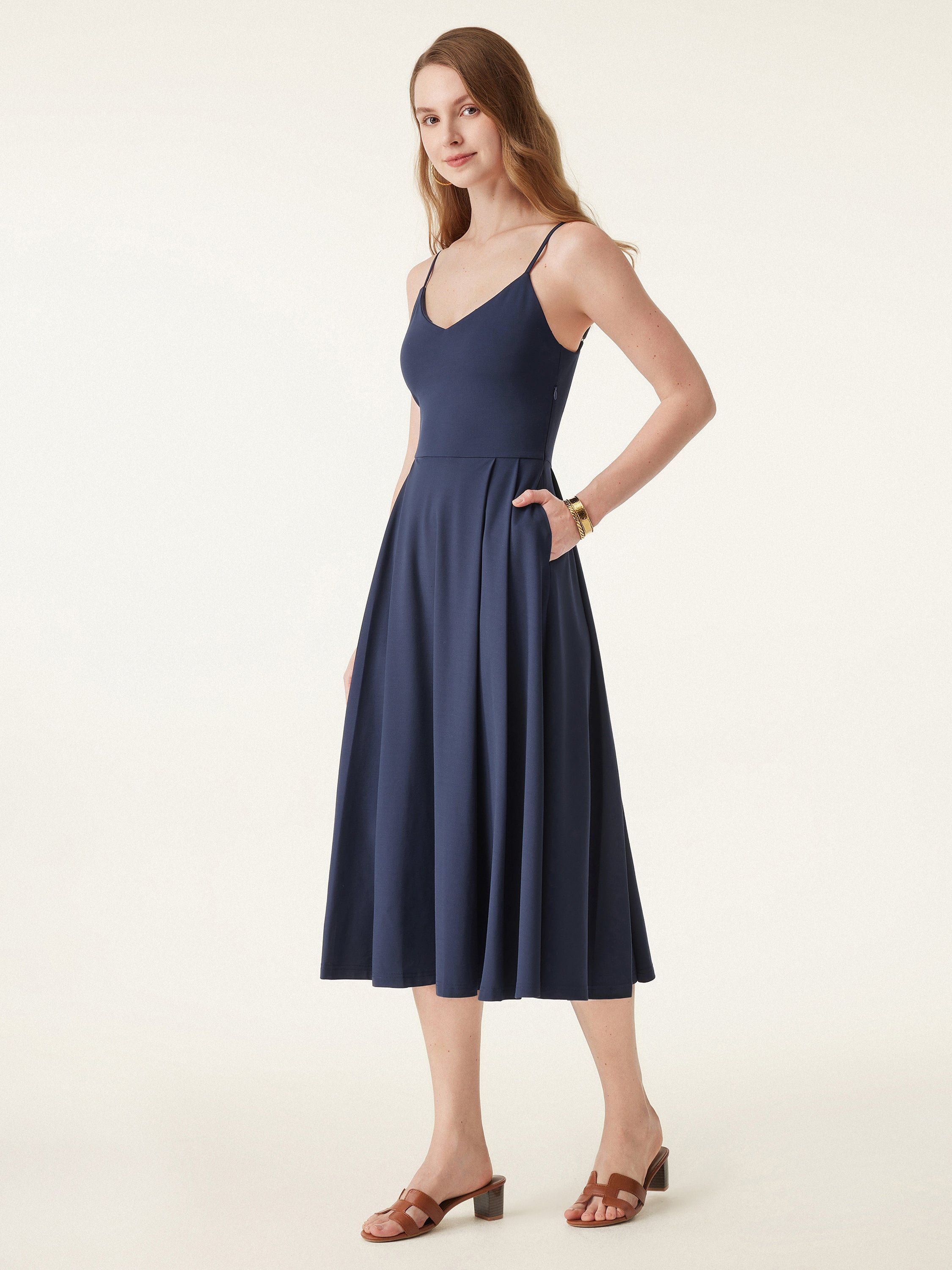 Bamboo Ponte V-neck Fit-and-flare Midi Brami Sundress with Pockets