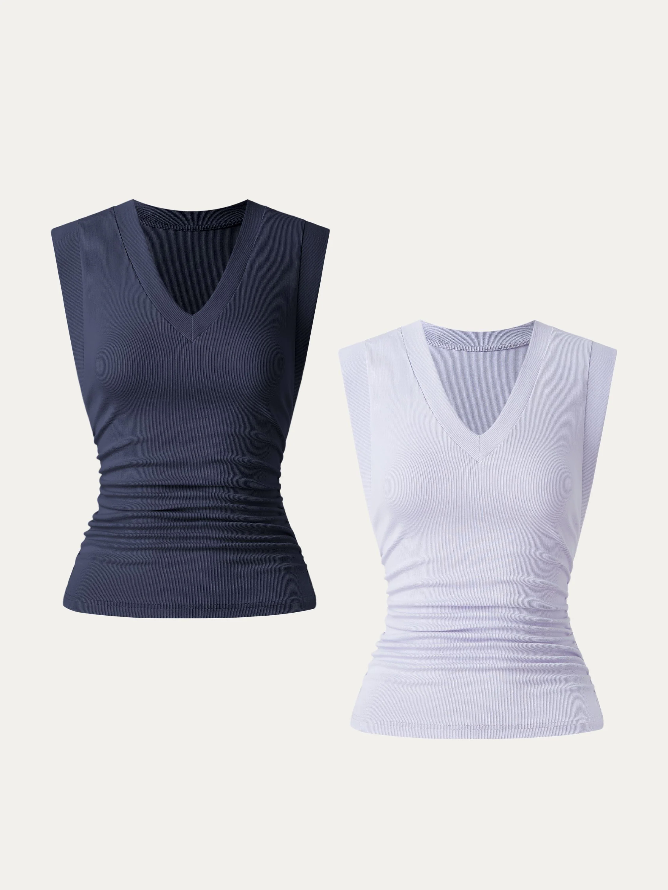 2Pcs Set Stretch Cotton V-neck Side Ruched Muscle Tee