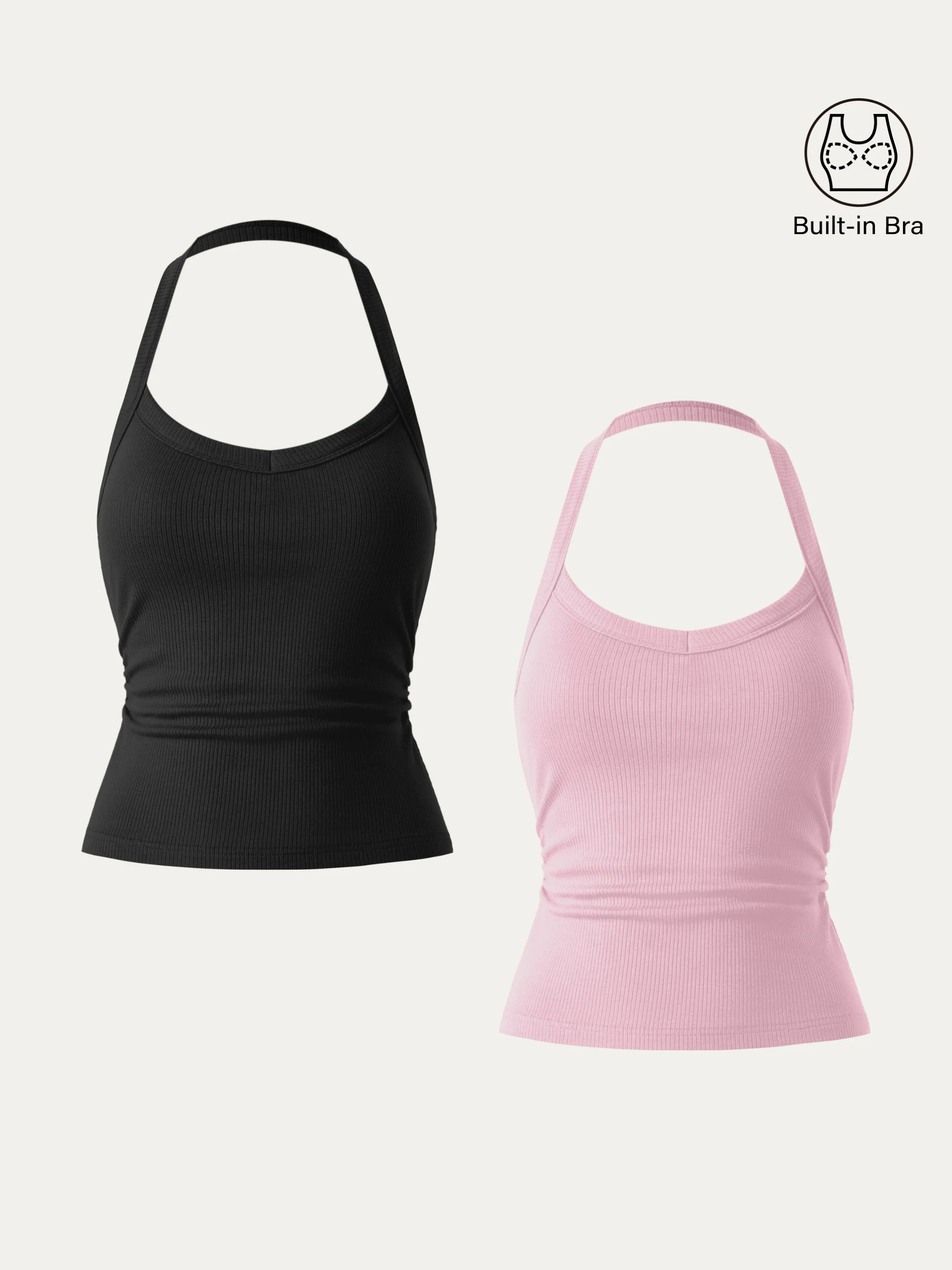 2Pcs Set Halter Neck Side Ruched Ribbed Brami Tank