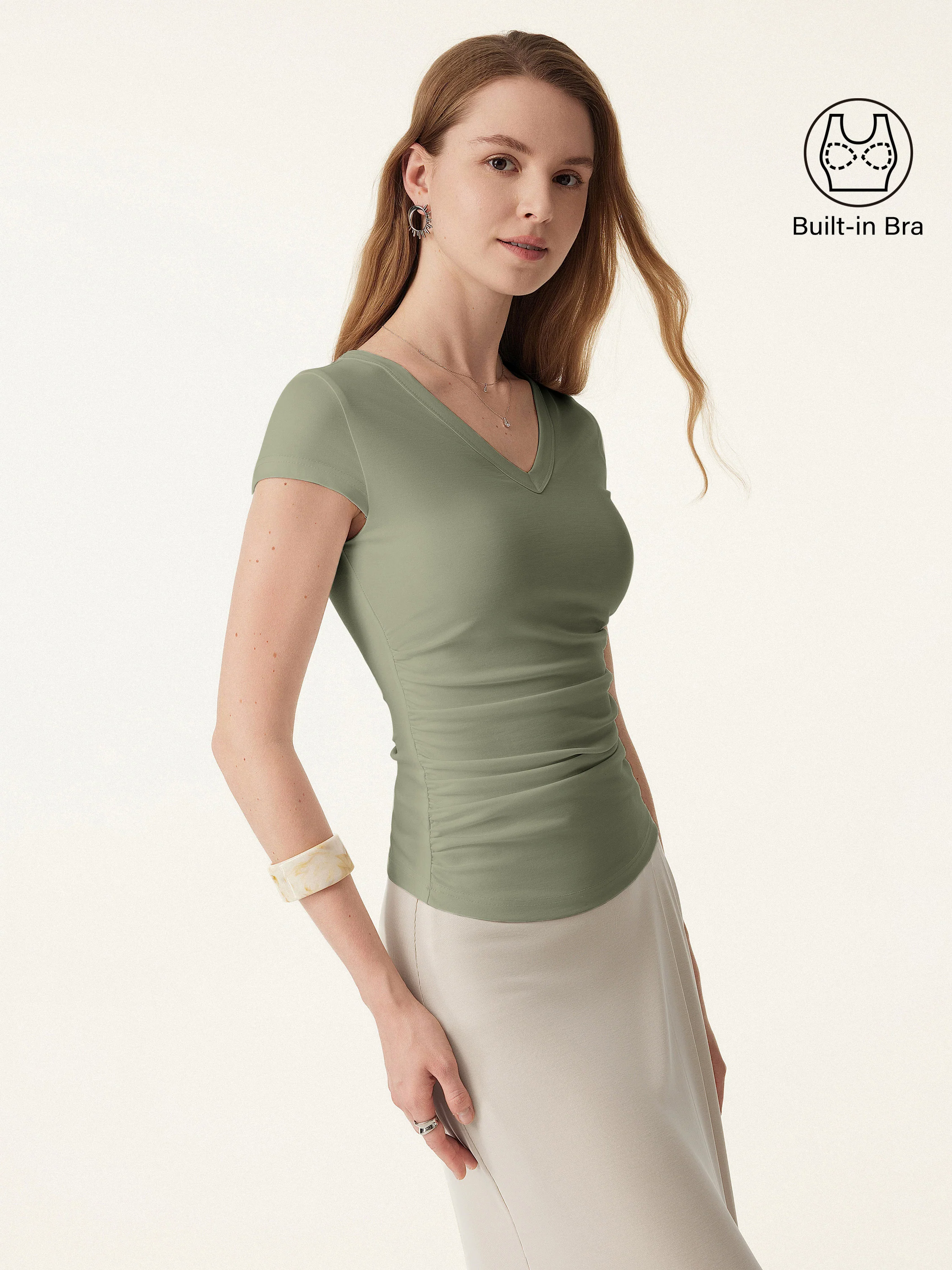 2Pcs Set Elevated V-neck Side Ruched Cap Sleeve Brami Tee