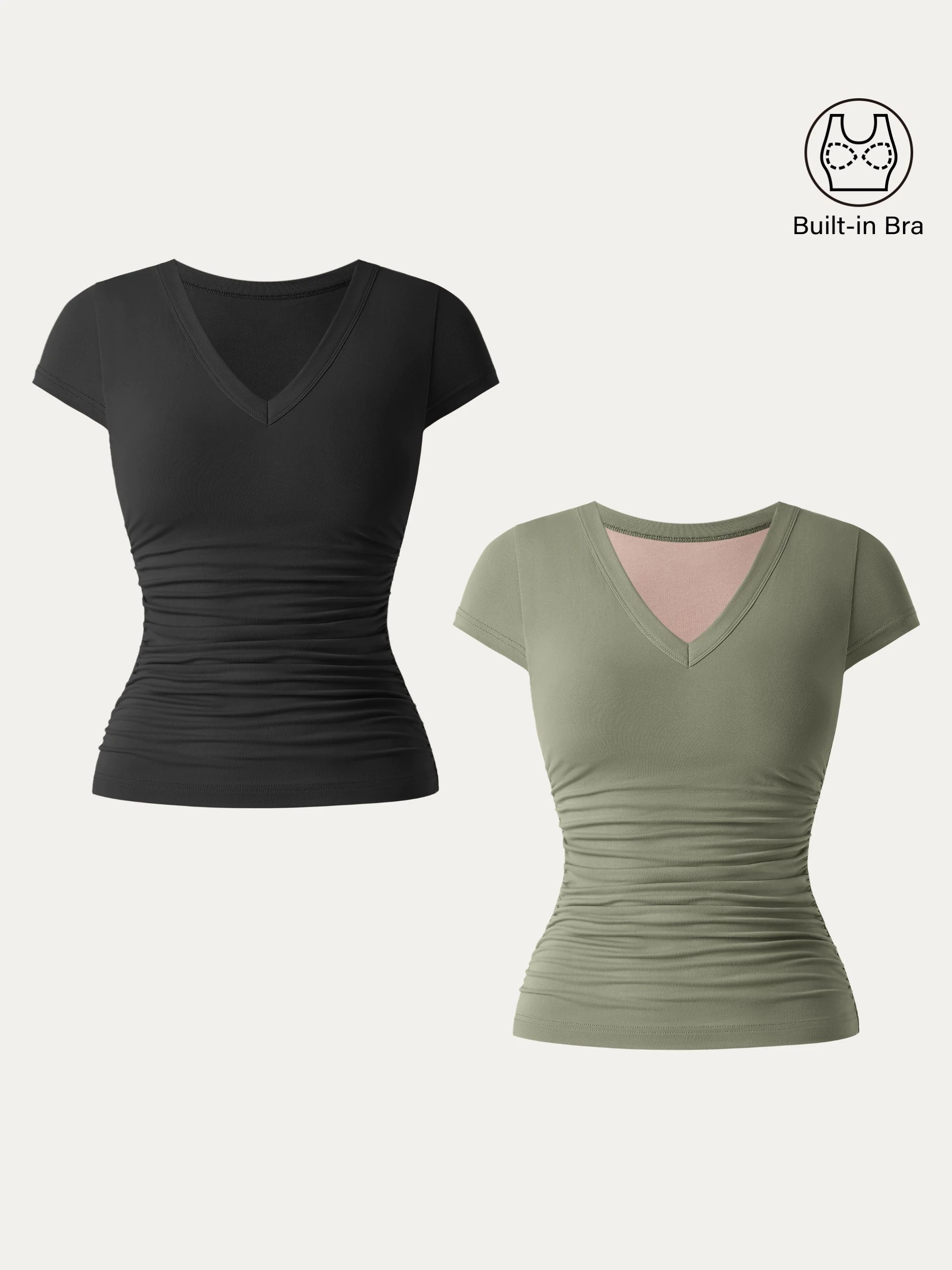 2Pcs Set Elevated V-neck Side Ruched Cap Sleeve Brami Tee