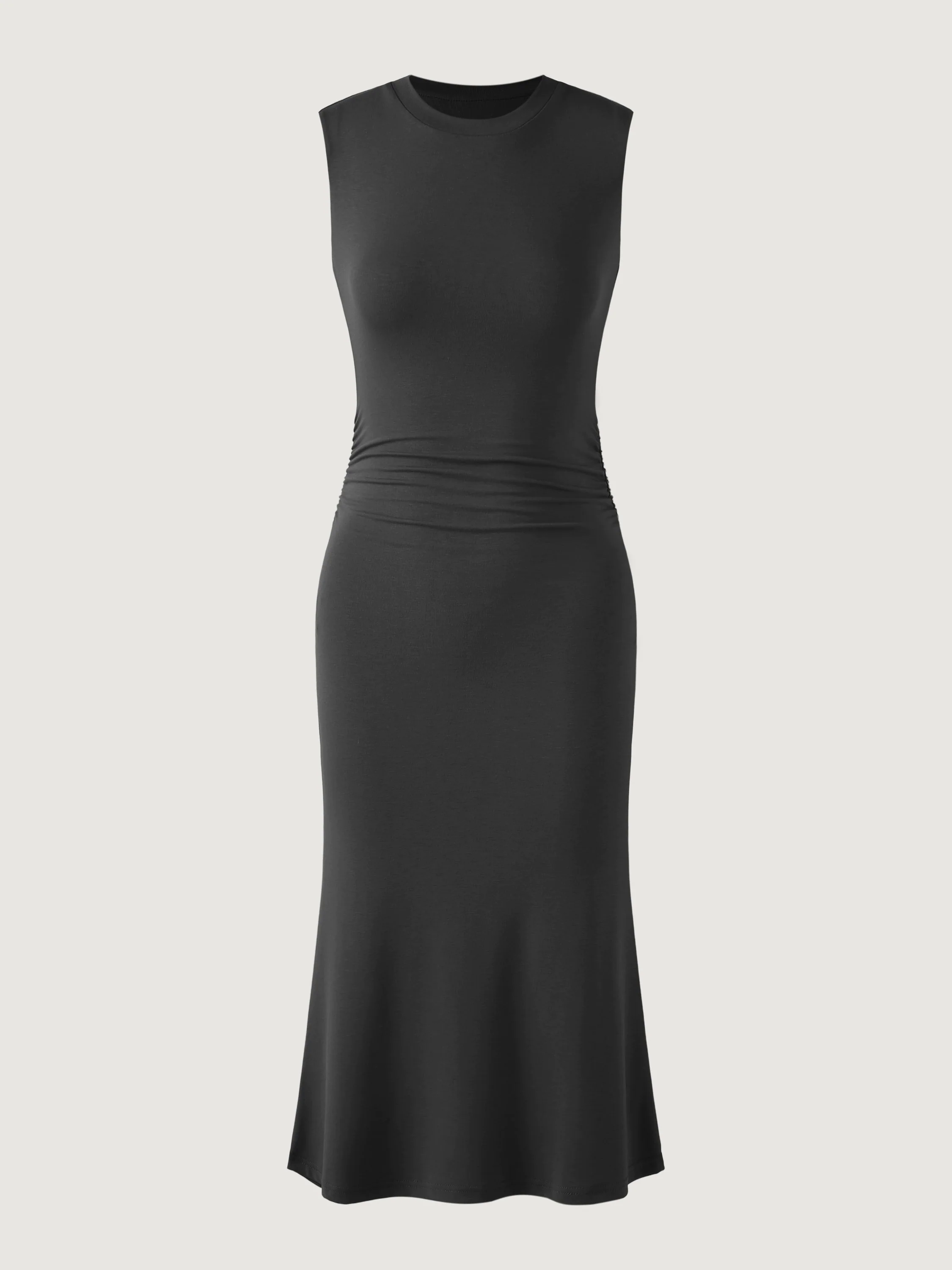 Ruched Side Wide Shoulder Crew Midi Dress