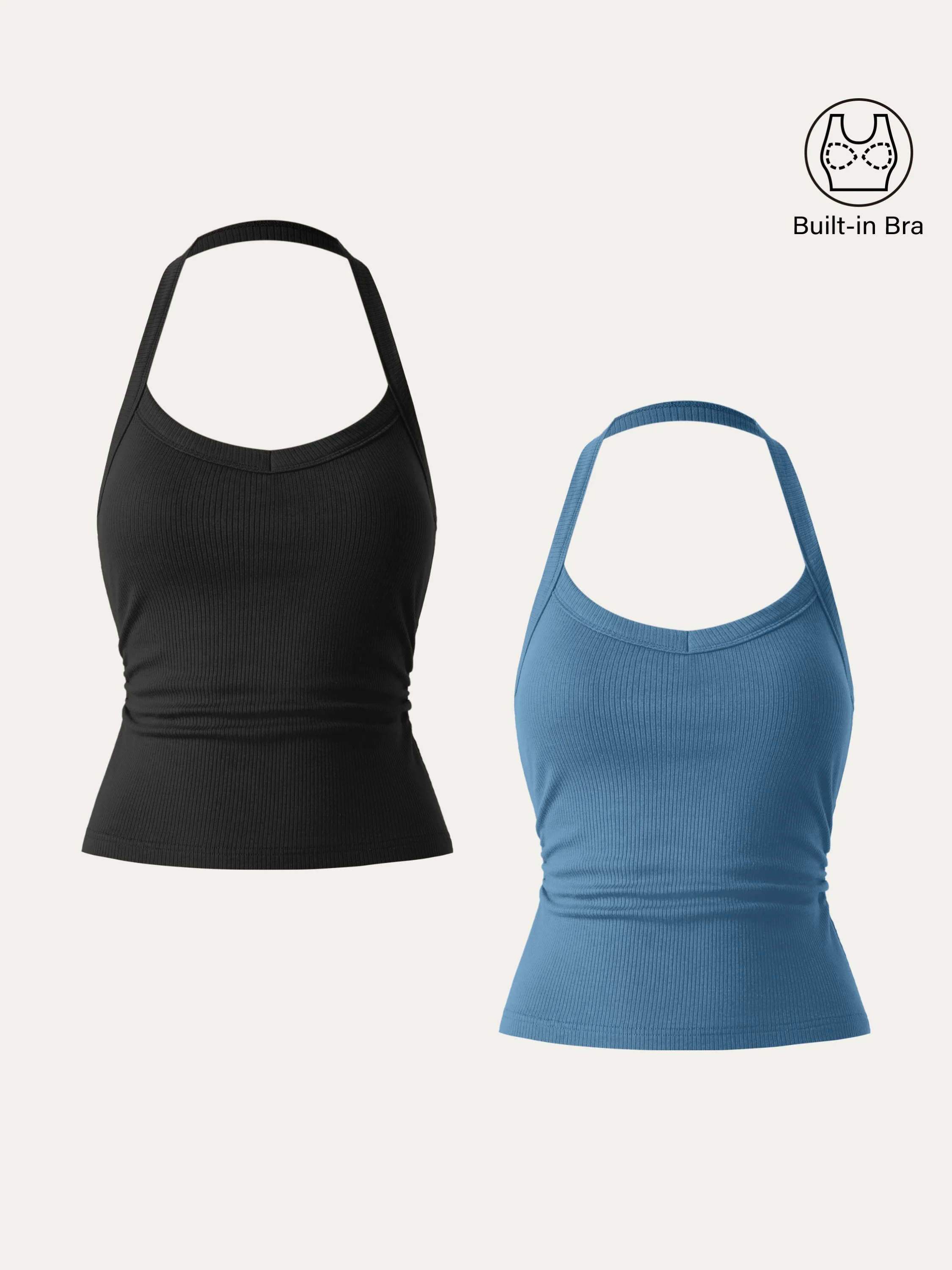 2Pcs Set Halter Neck Side Ruched Ribbed Brami Tank