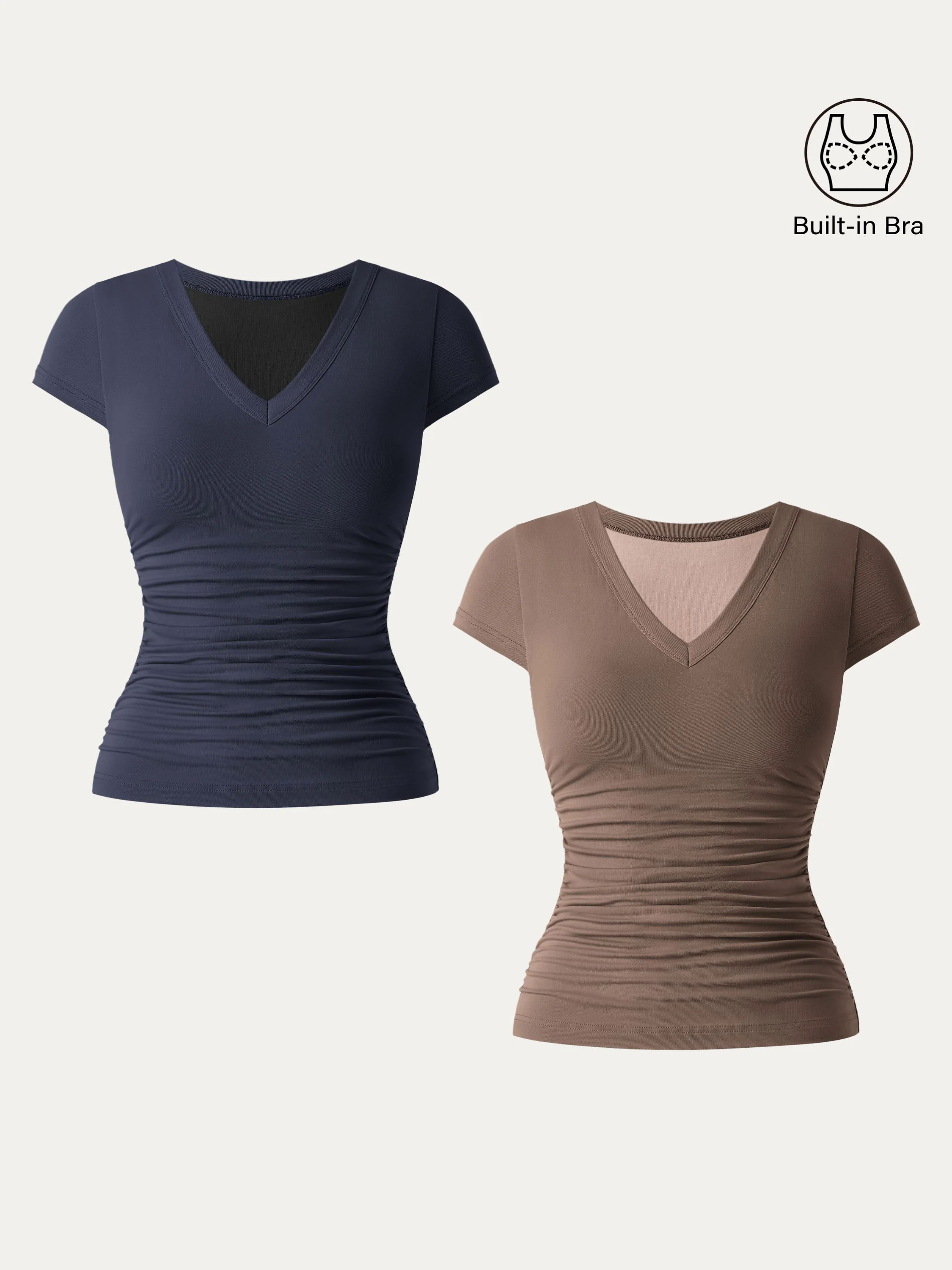 2Pcs Set Elevated V-neck Side Ruched Cap Sleeve Brami Tee