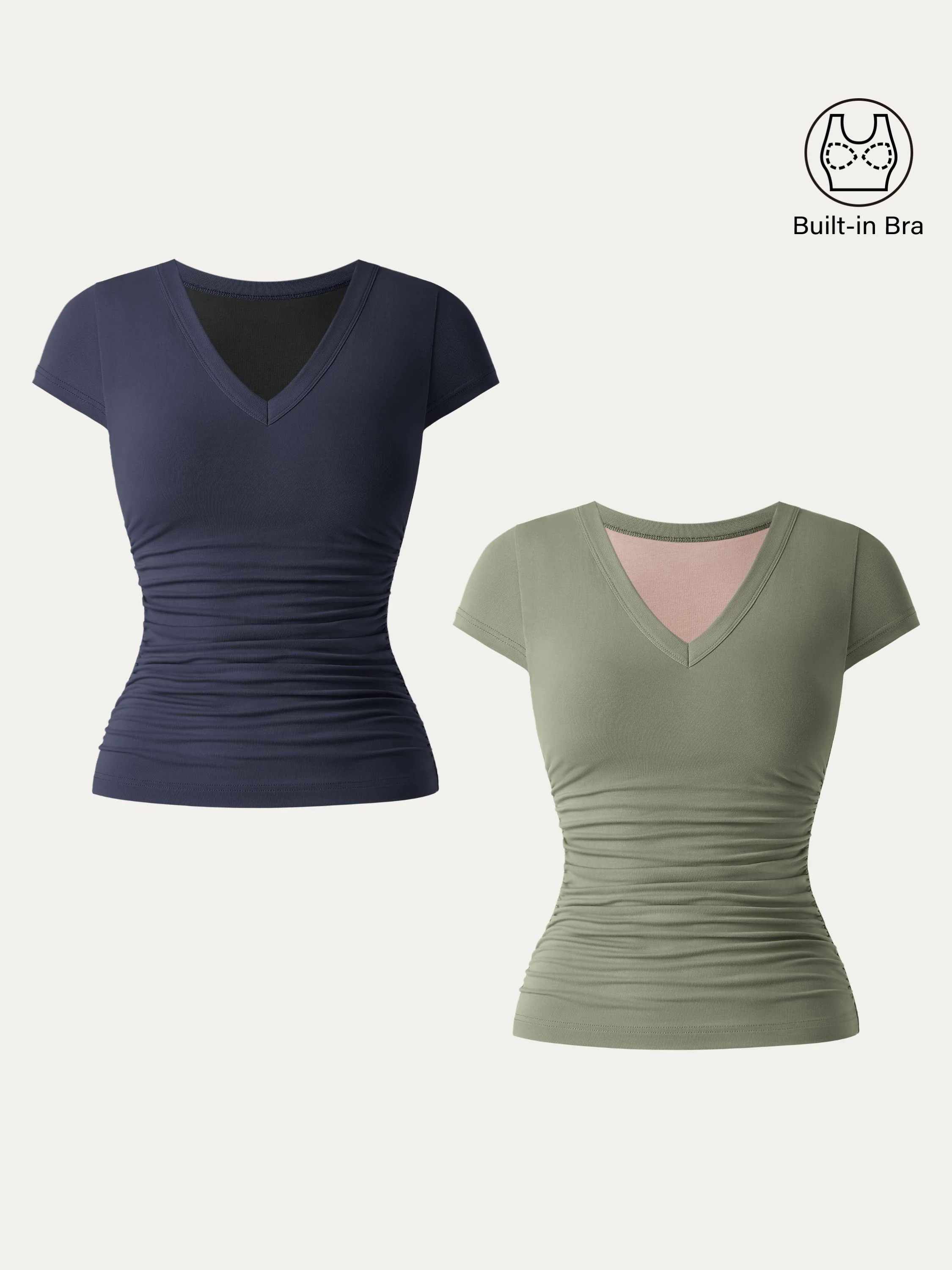 2Pcs Set Elevated V-neck Side Ruched Cap Sleeve Brami Tee