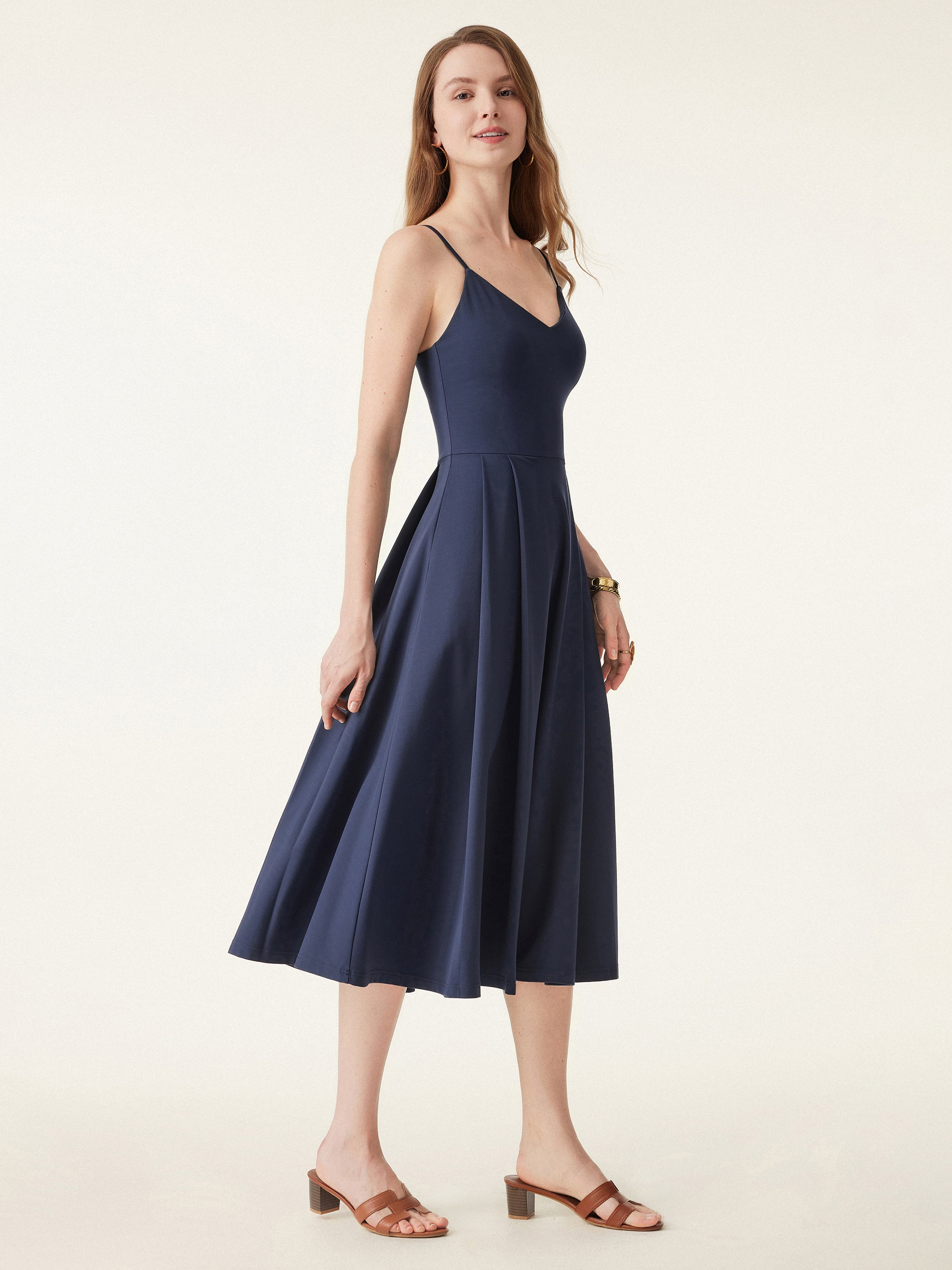 Bamboo Ponte V-neck Fit-and-flare Midi Brami Sundress with Pockets