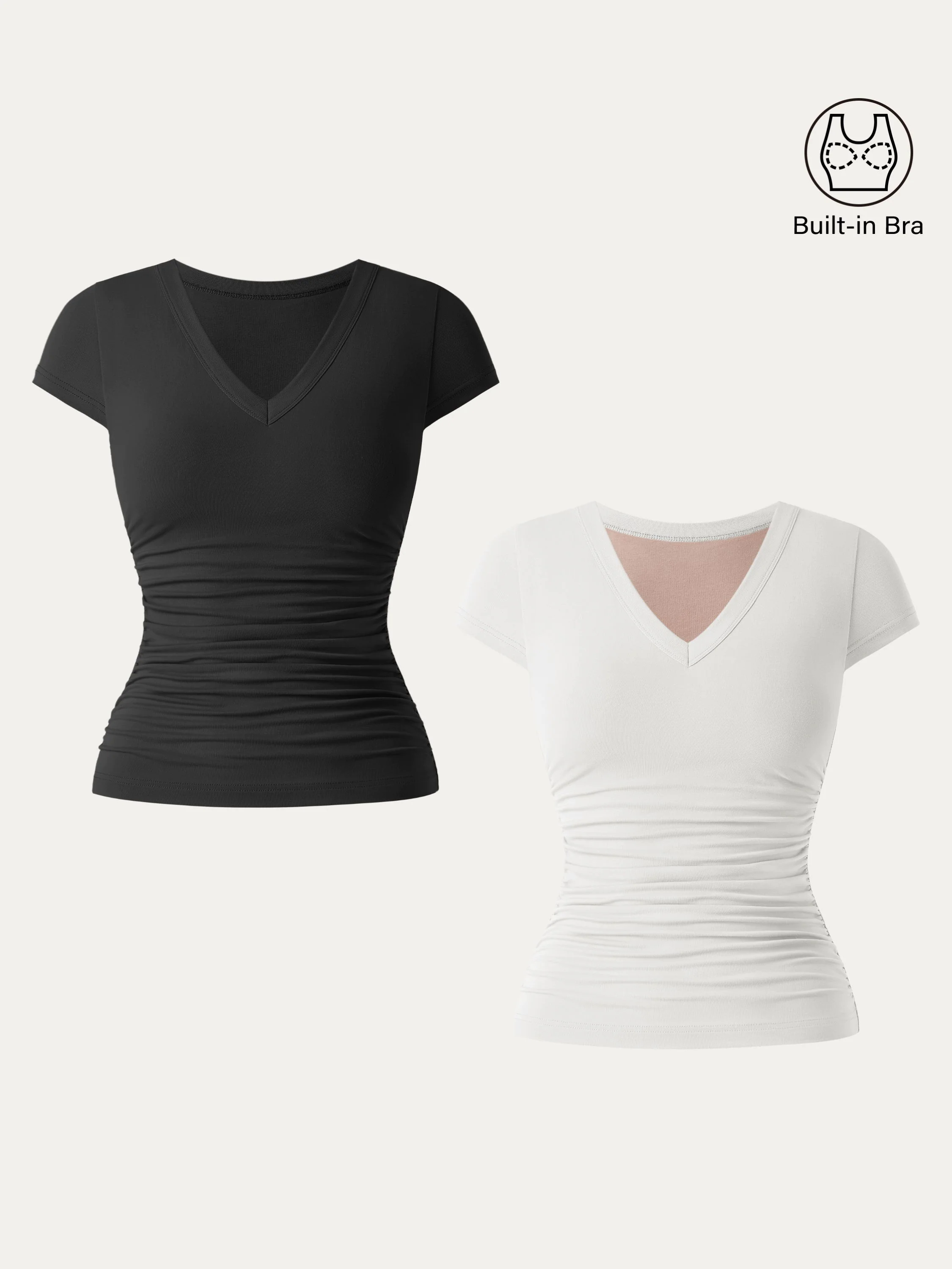 2Pcs Set Elevated V-neck Side Ruched Cap Sleeve Brami Tee