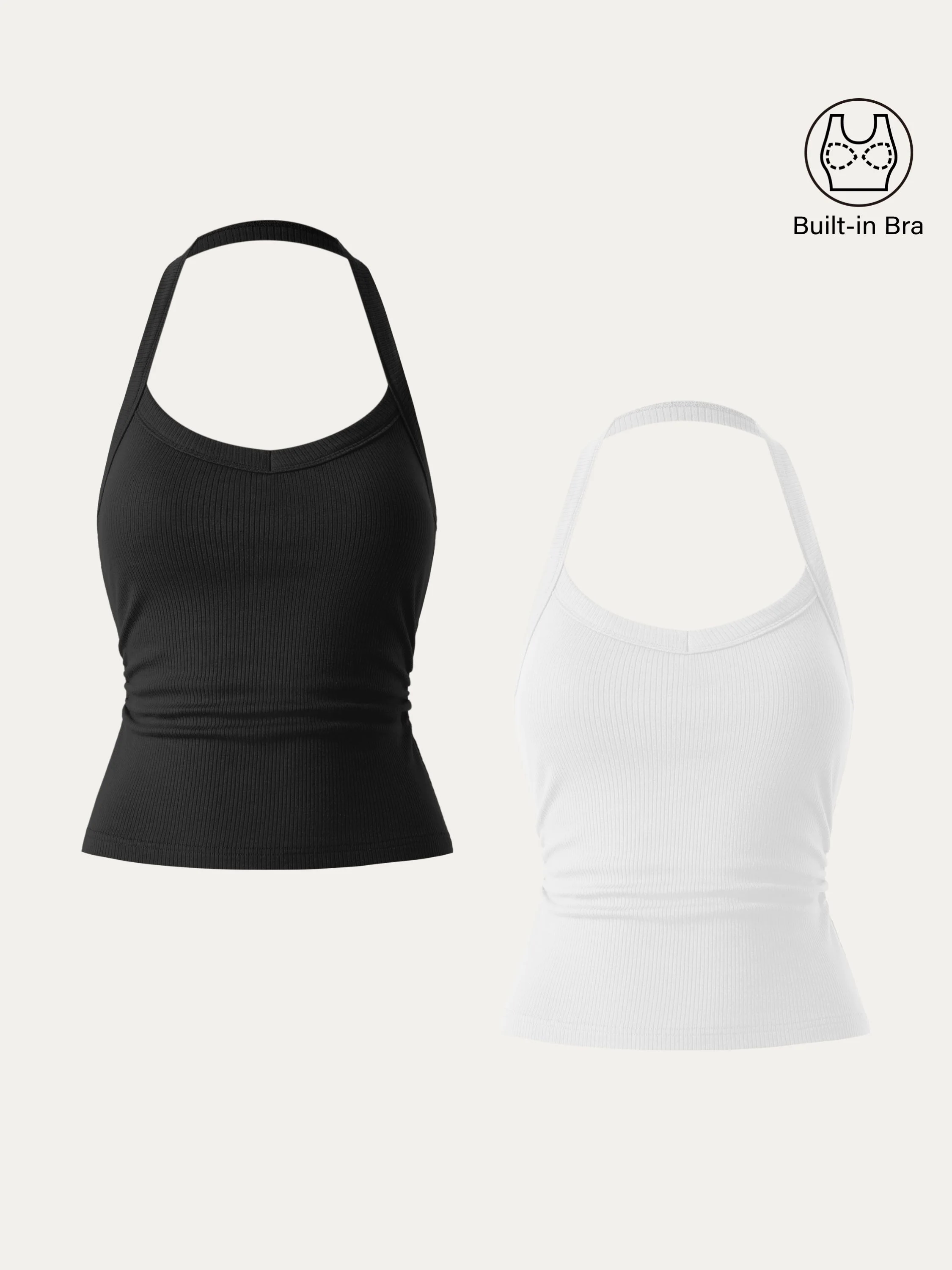 2Pcs Set Halter Neck Side Ruched Ribbed Brami Tank