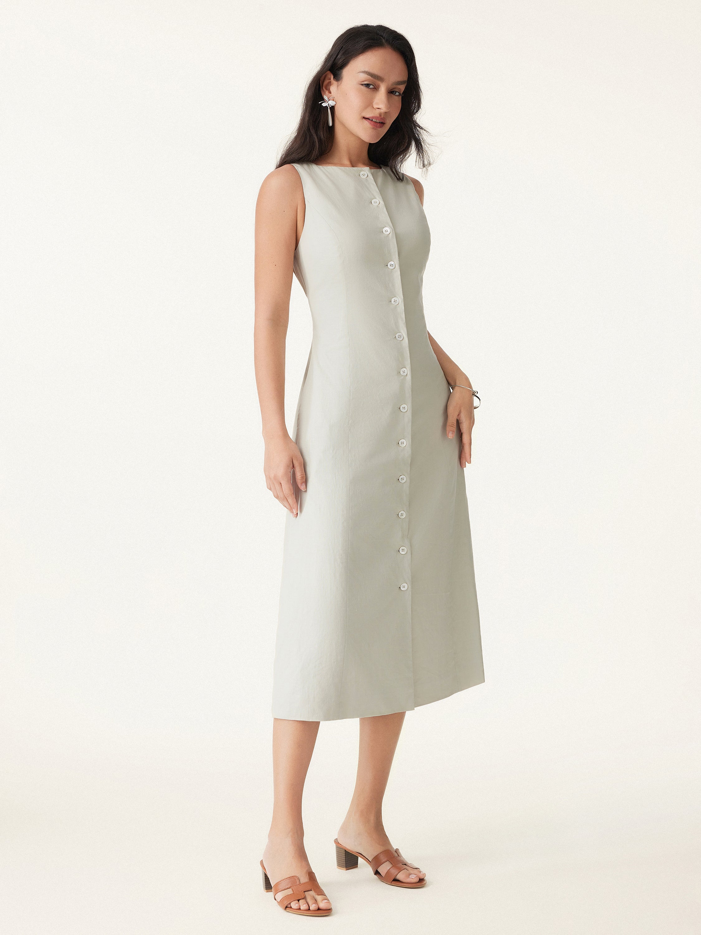 European Linen Waist-cinch Boatneck Button-up Midi Dress with Pockets
