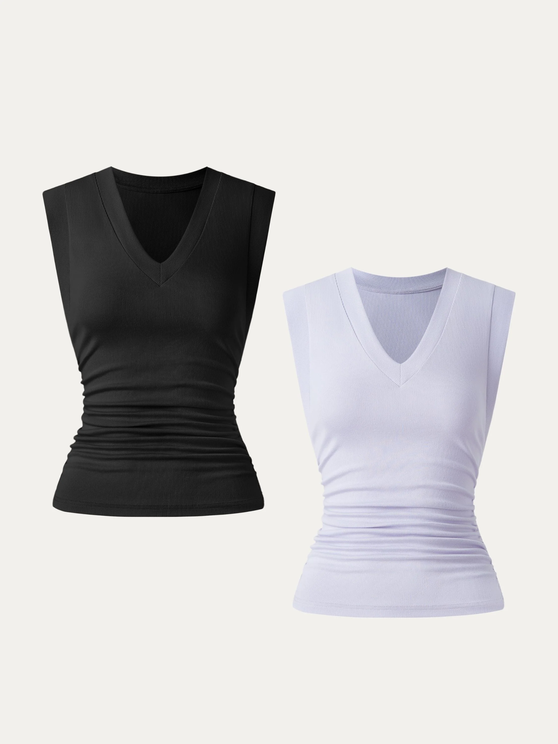 2Pcs Set Stretch Cotton V-neck Side Ruched Muscle Tee