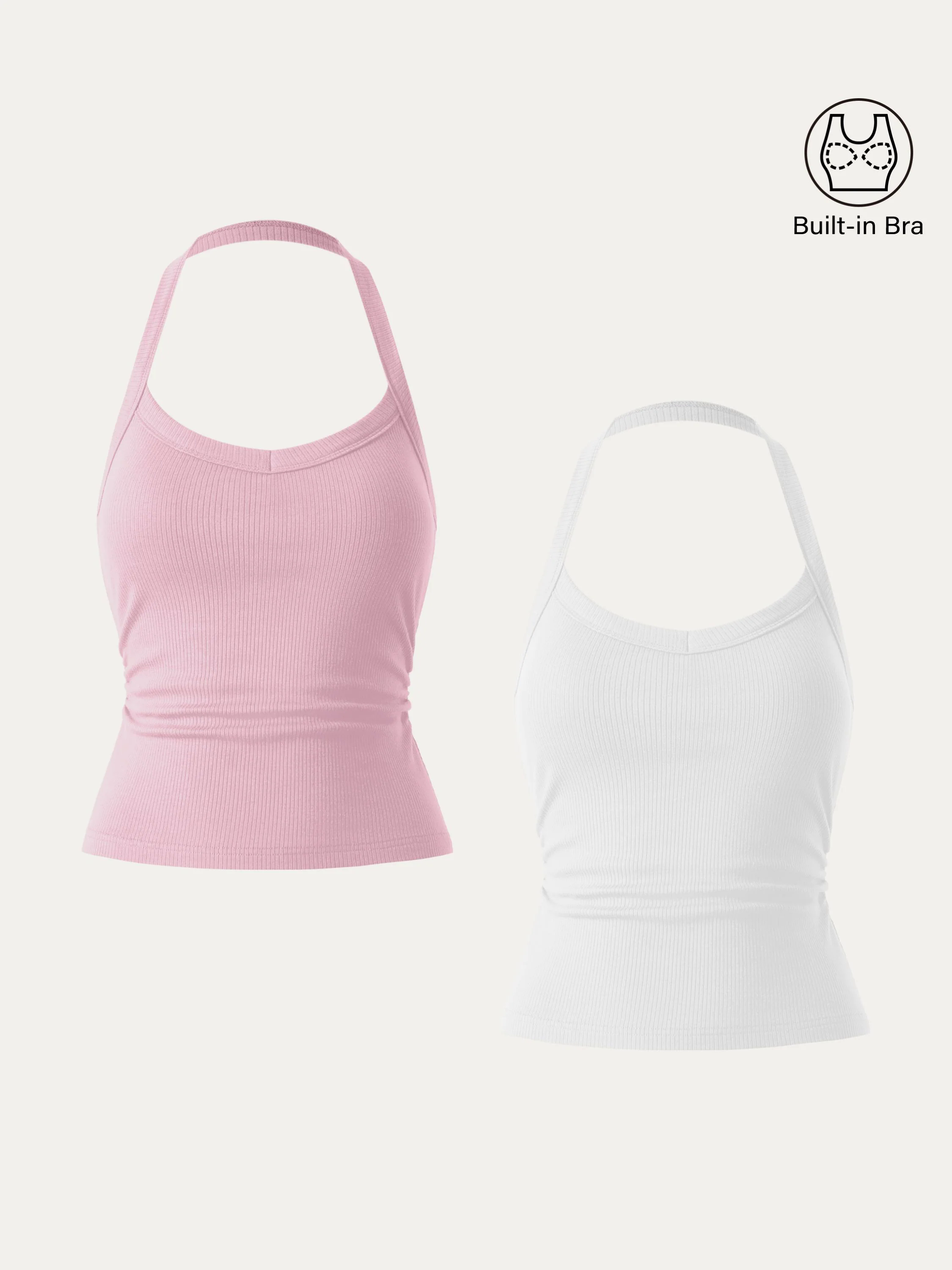 2Pcs Set Halter Neck Side Ruched Ribbed Brami Tank