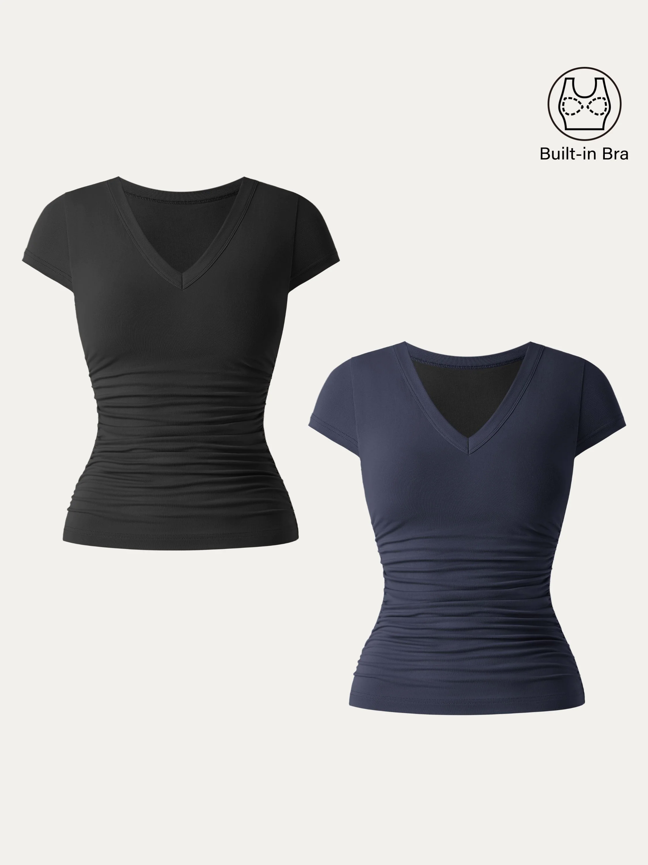 2Pcs Set Elevated V-neck Side Ruched Cap Sleeve Brami Tee