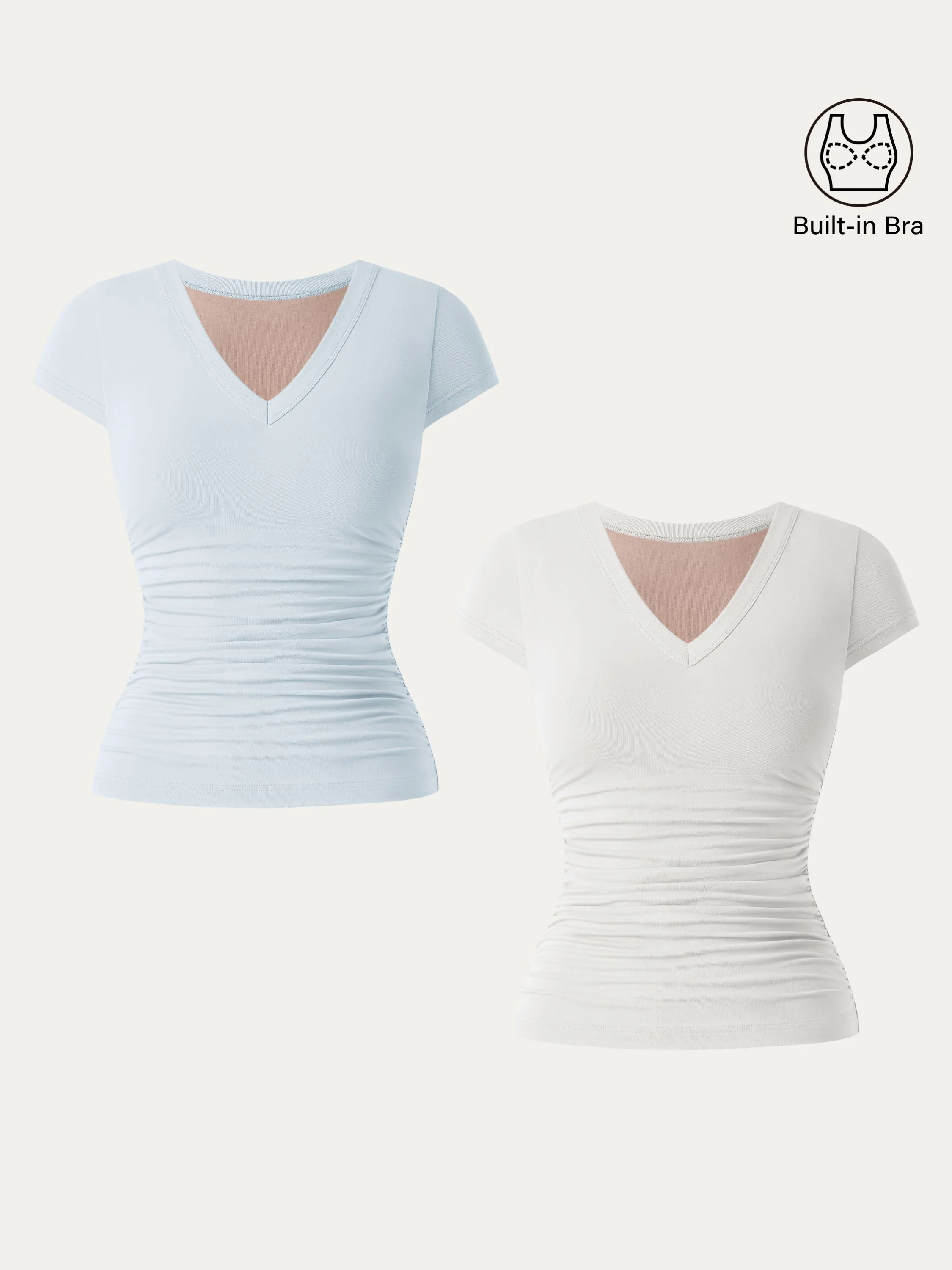 2Pcs Set Elevated V-neck Side Ruched Cap Sleeve Brami Tee