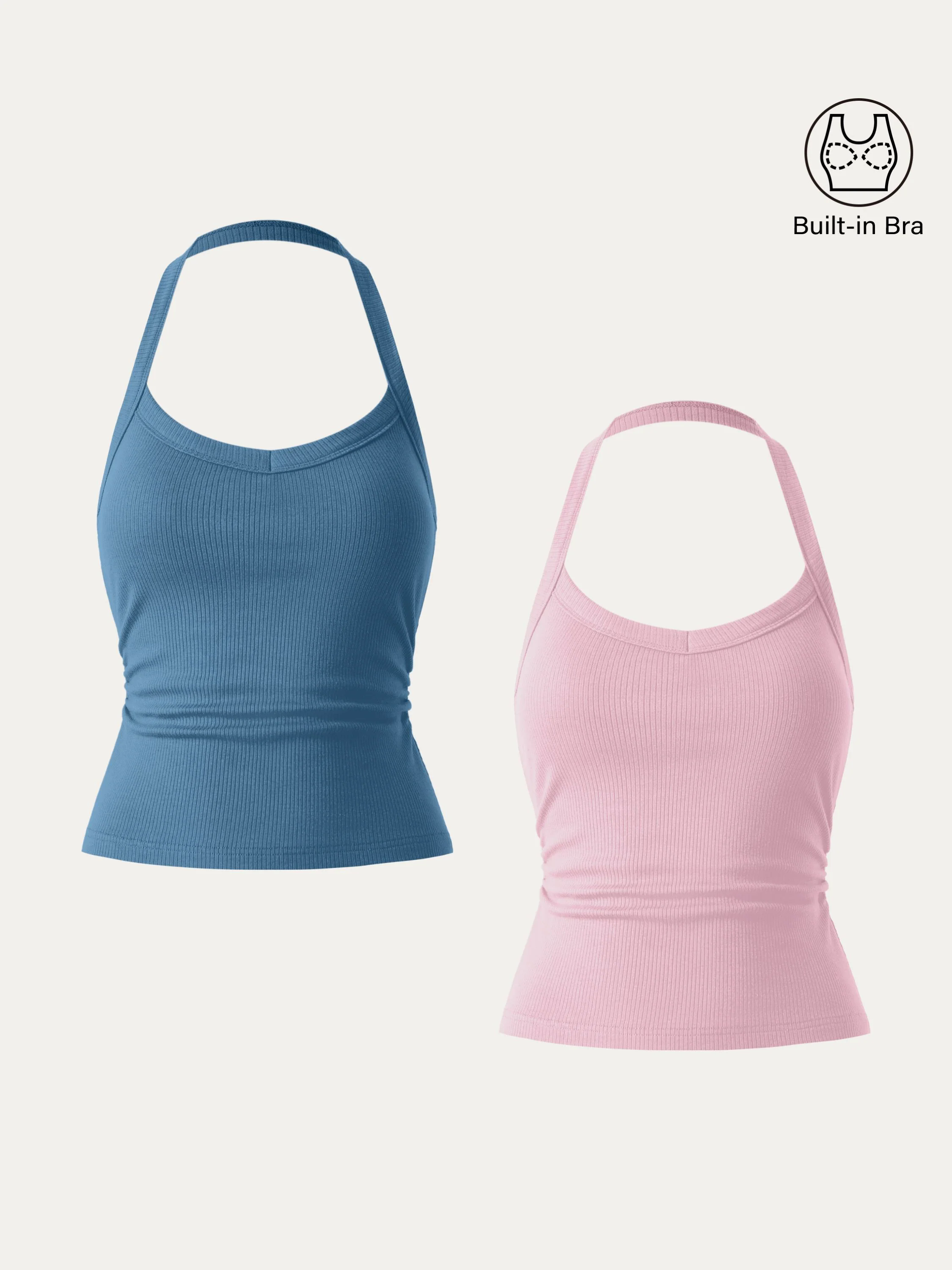 2Pcs Set Halter Neck Side Ruched Ribbed Brami Tank