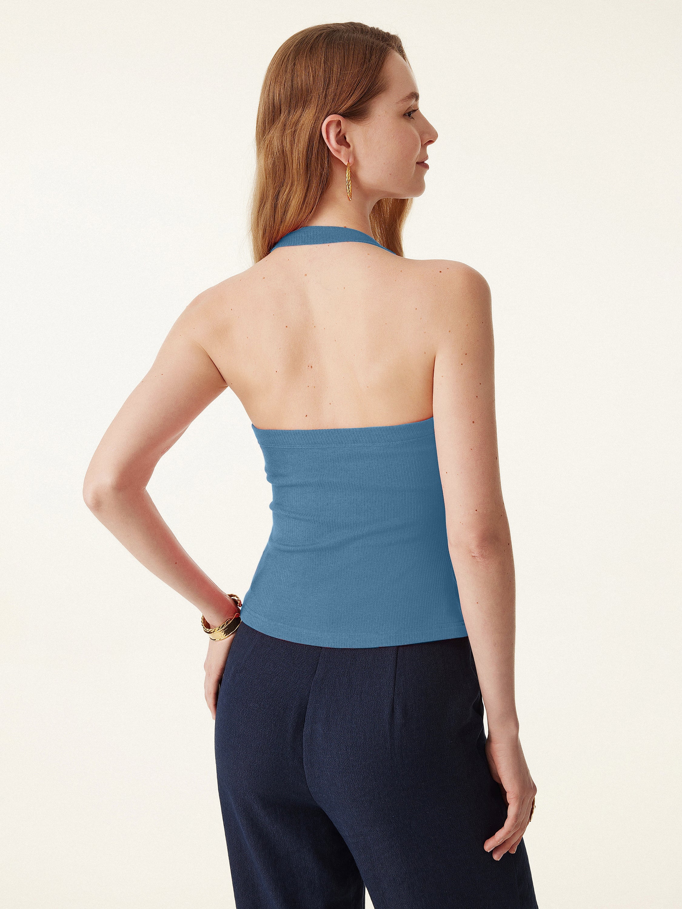 2Pcs Set Halter Neck Side Ruched Ribbed Brami Tank