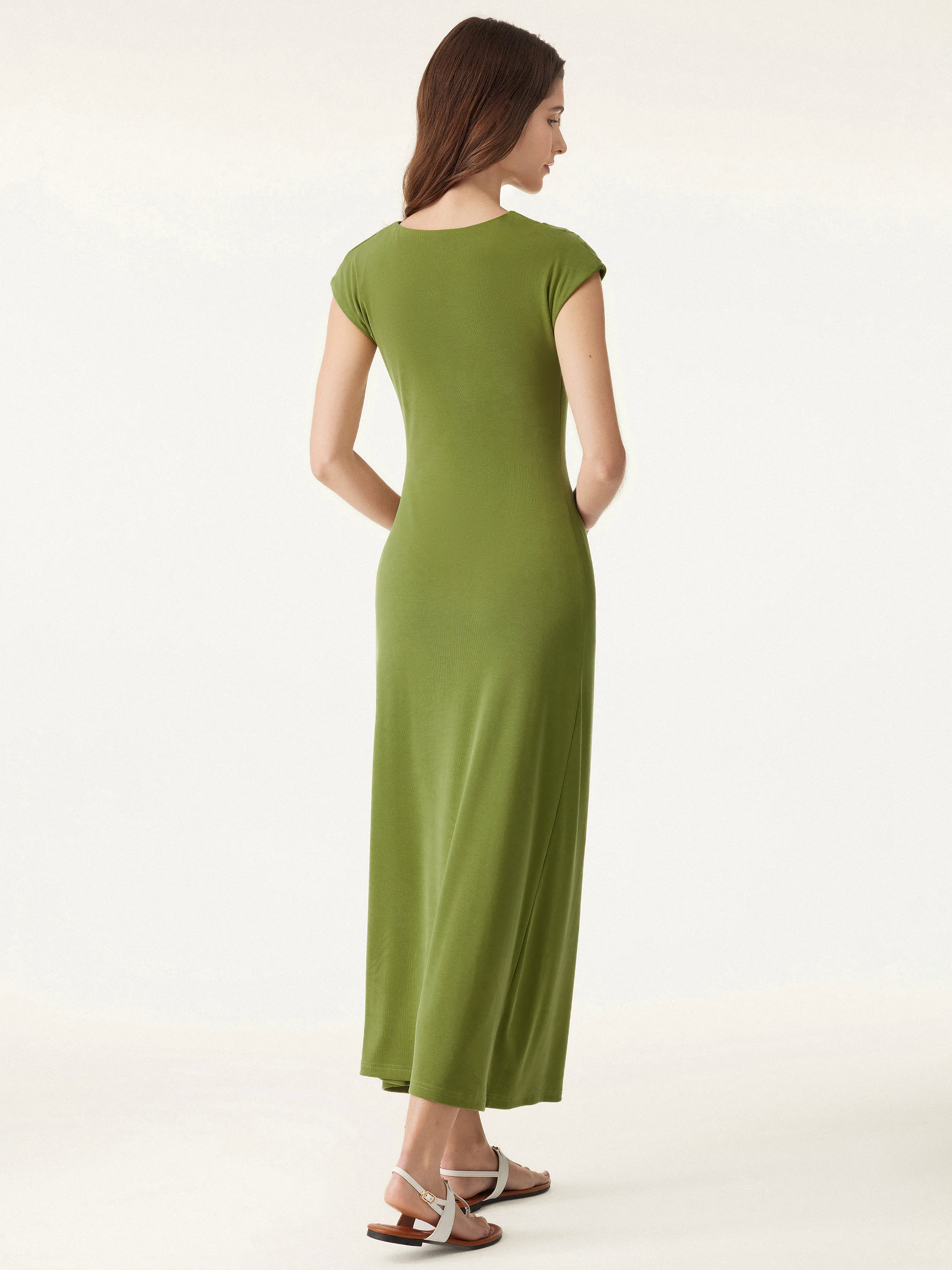 Flowy Sandwashed Crewneck Cap Sleeve Ruched Flared Maxi Brami Dress