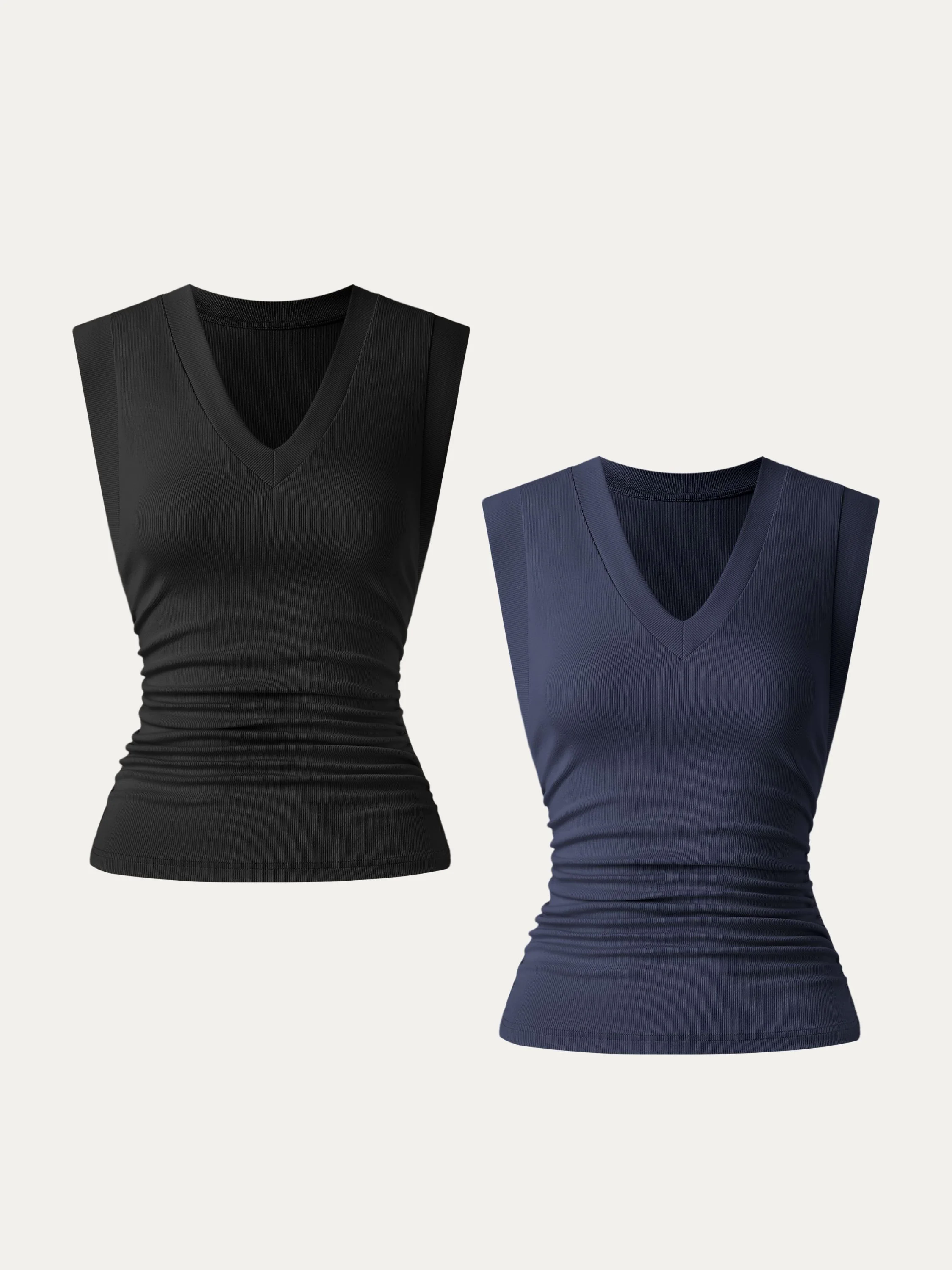 2Pcs Set Stretch Cotton V-neck Side Ruched Muscle Tee