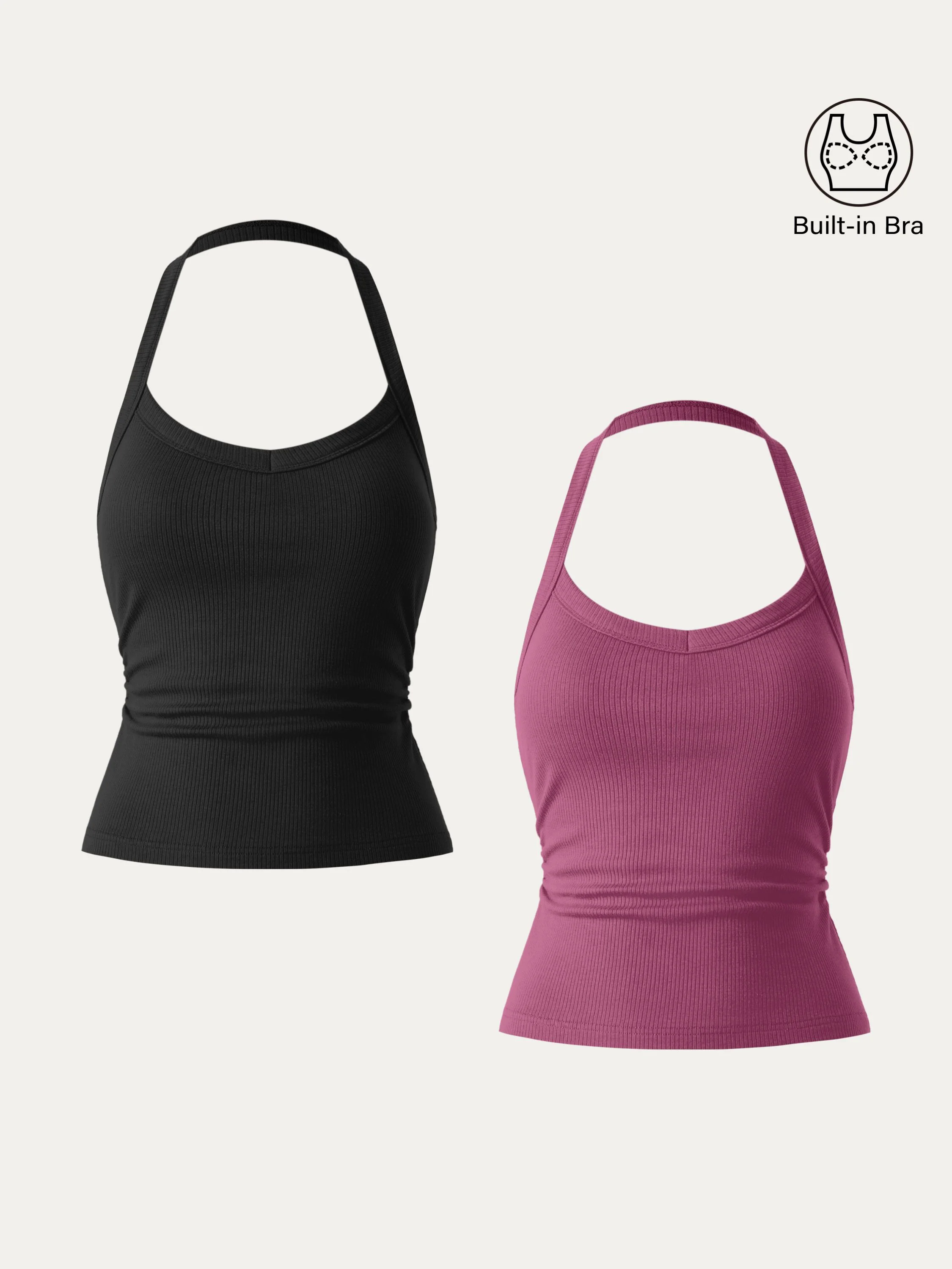 2Pcs Set Halter Neck Side Ruched Ribbed Brami Tank