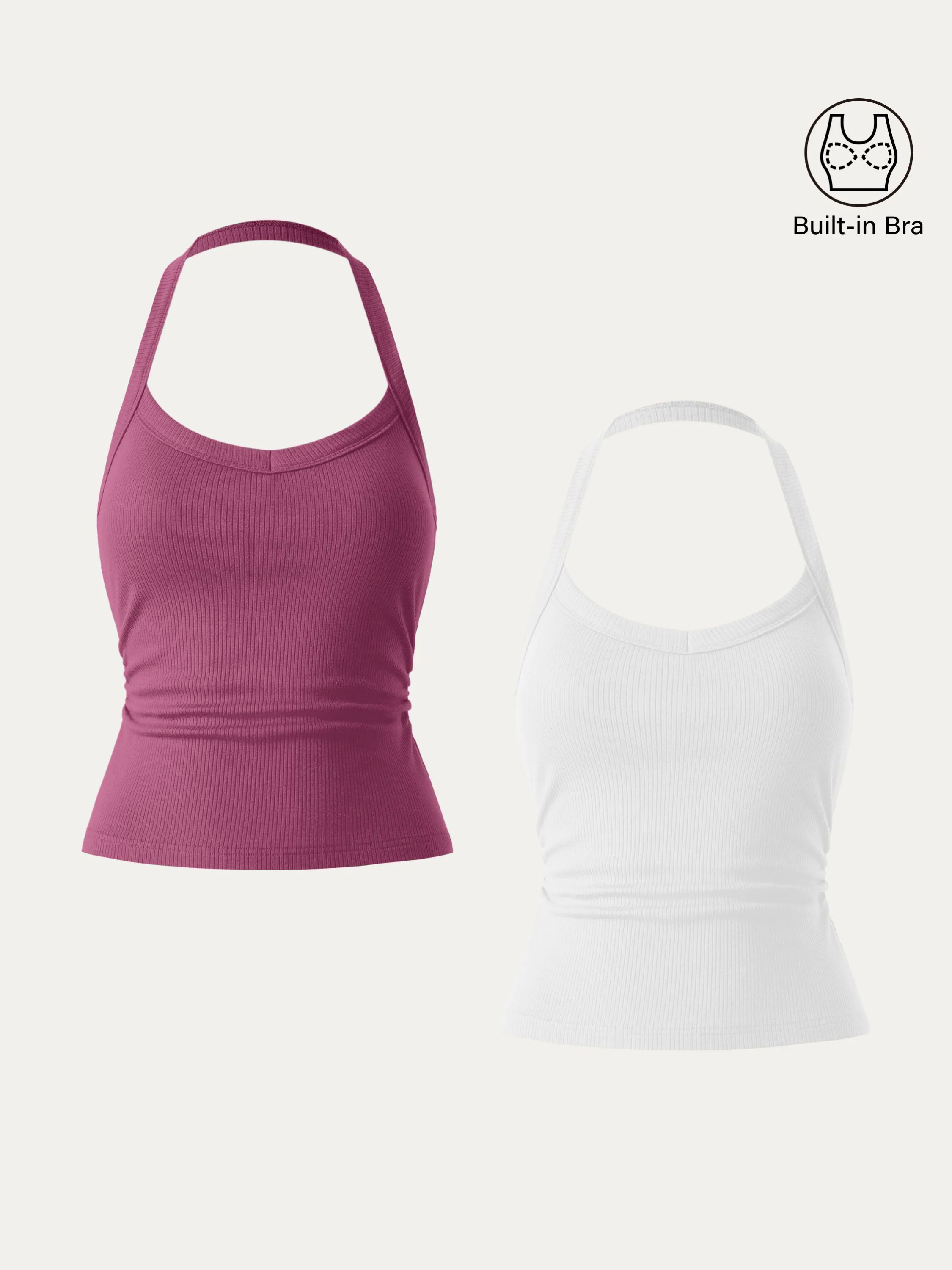 2Pcs Set Halter Neck Side Ruched Ribbed Brami Tank