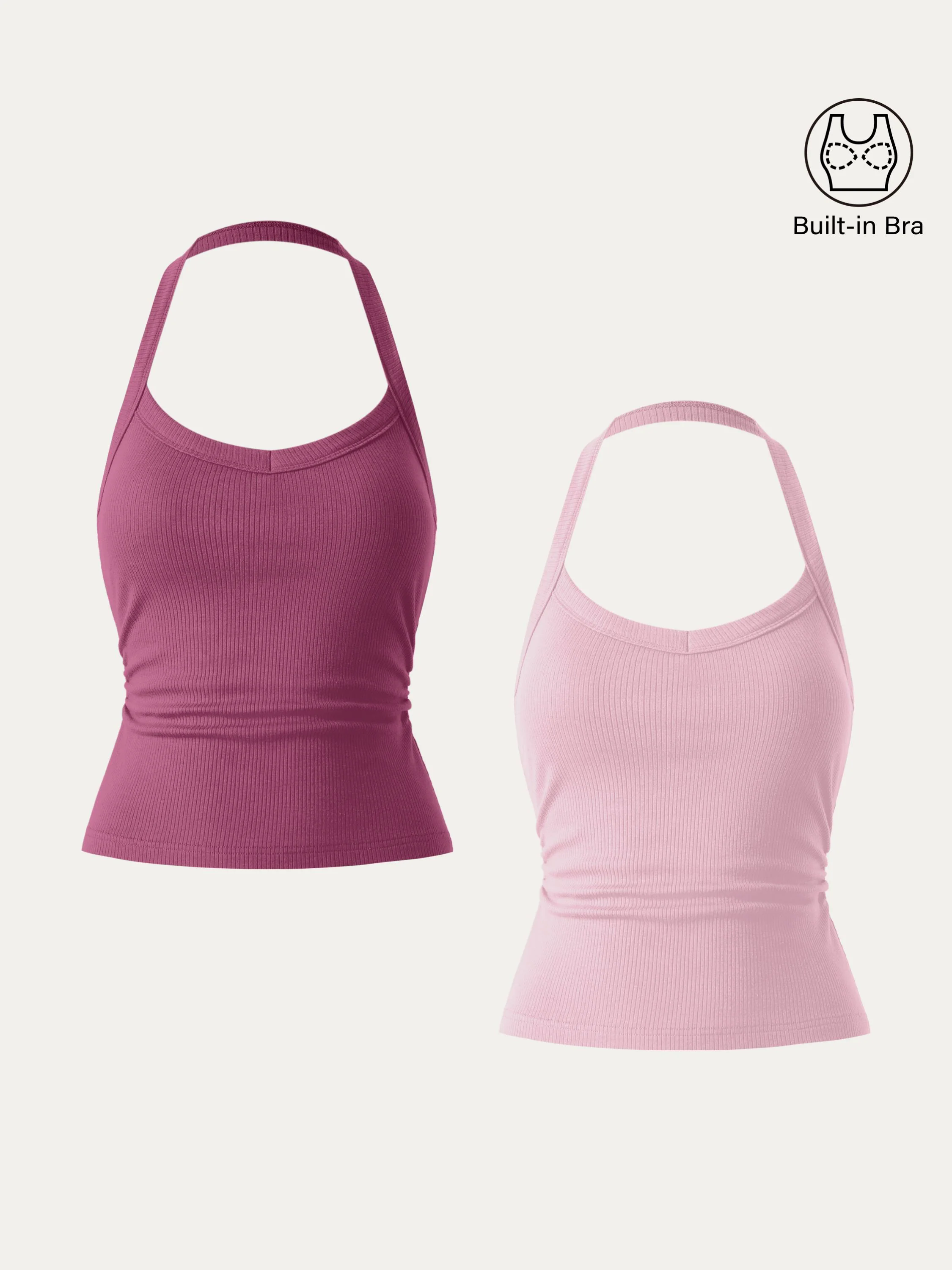 2Pcs Set Halter Neck Side Ruched Ribbed Brami Tank