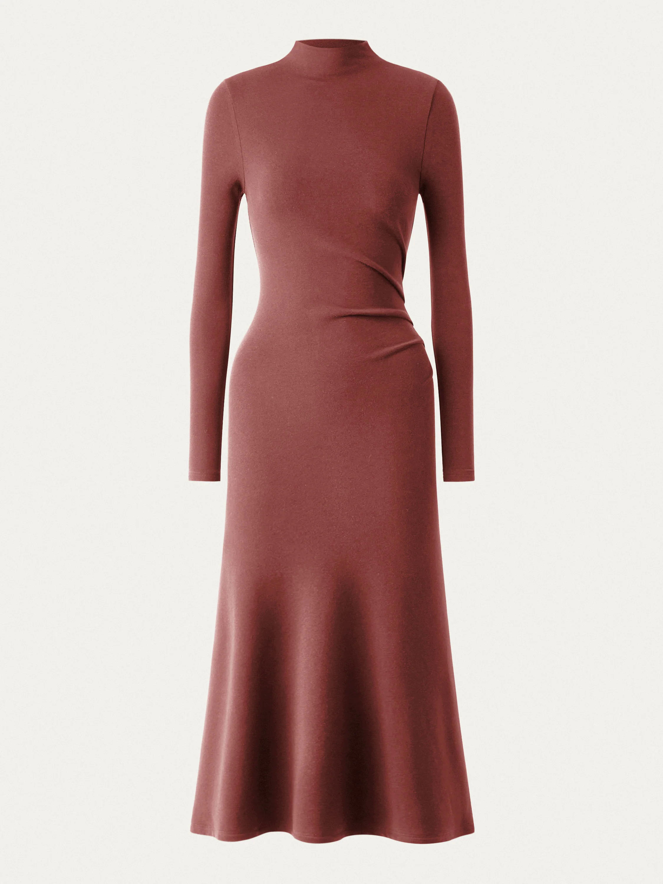 Heat-Tech Long Sleeves Mockneck Tucks Midi Dress Heat-Tech Long Sleeves Mockneck Tucks Midi Dress